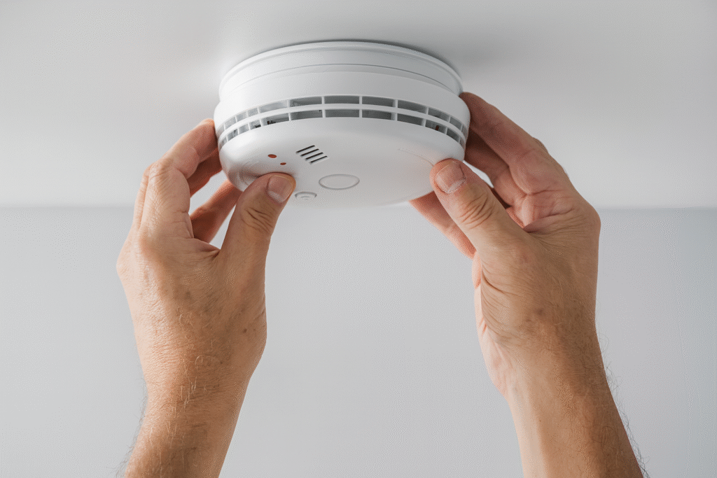 Person installing a smoke alarm on a ceiling