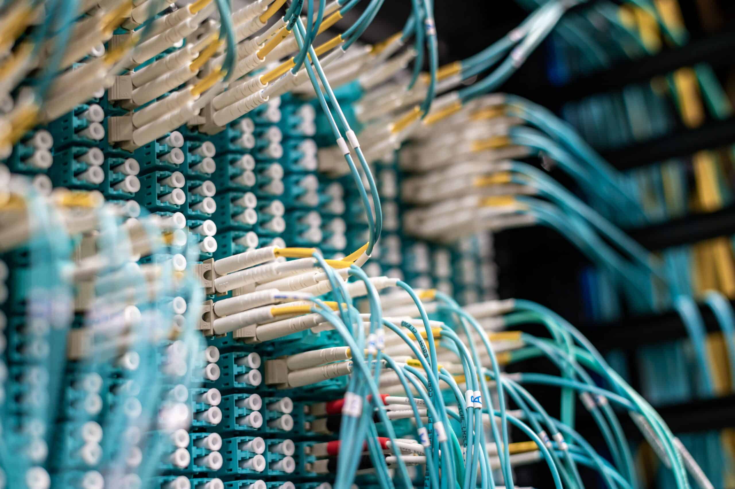 Fibre optic network cables connected to a data centre patch panel.